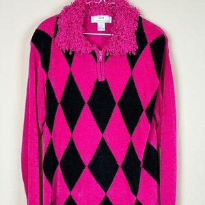 Lisa International Pink/Black Diamond Pattern Quarter Zip Sweater; Size L